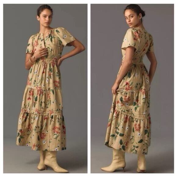 Anthropologie Dresses & Skirts - Anthropologie The Somerset Maxi Dress Tiered Smock Floral Khaki Tan